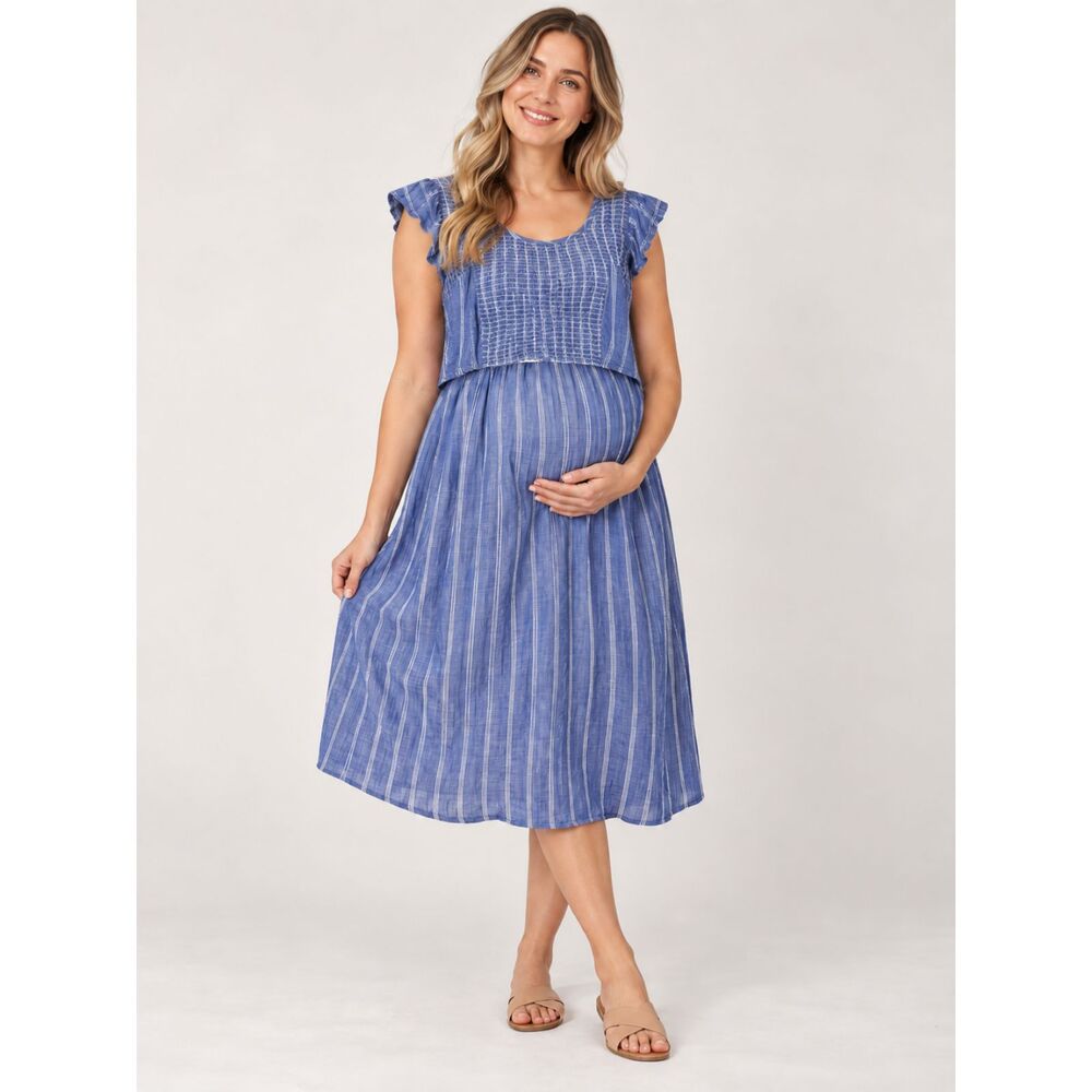 Motherhood Maternity Blue White Striped Nursing Dress Flutter Sleeve Size M